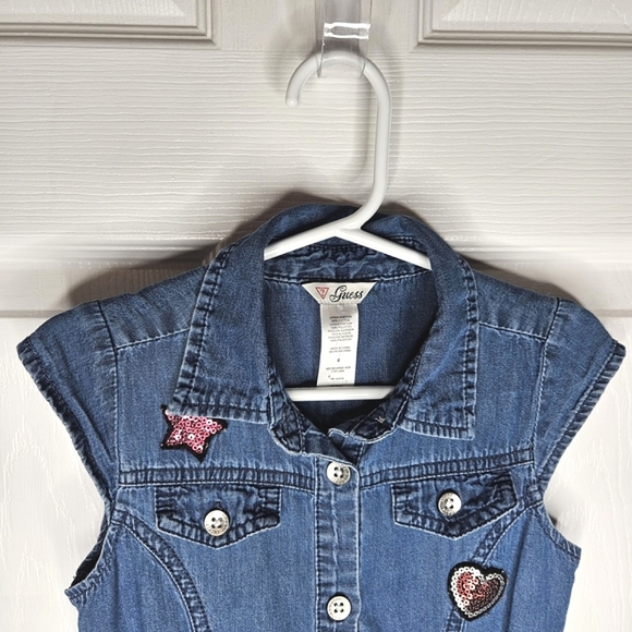 Guess Girl's Blue Denim Pink Tulle Dress Top Decorative Sequins Patches - Picture 6 of 16